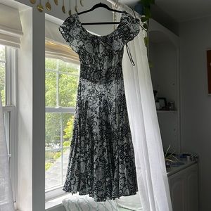 Blue and gray patterned off the shoulder dress